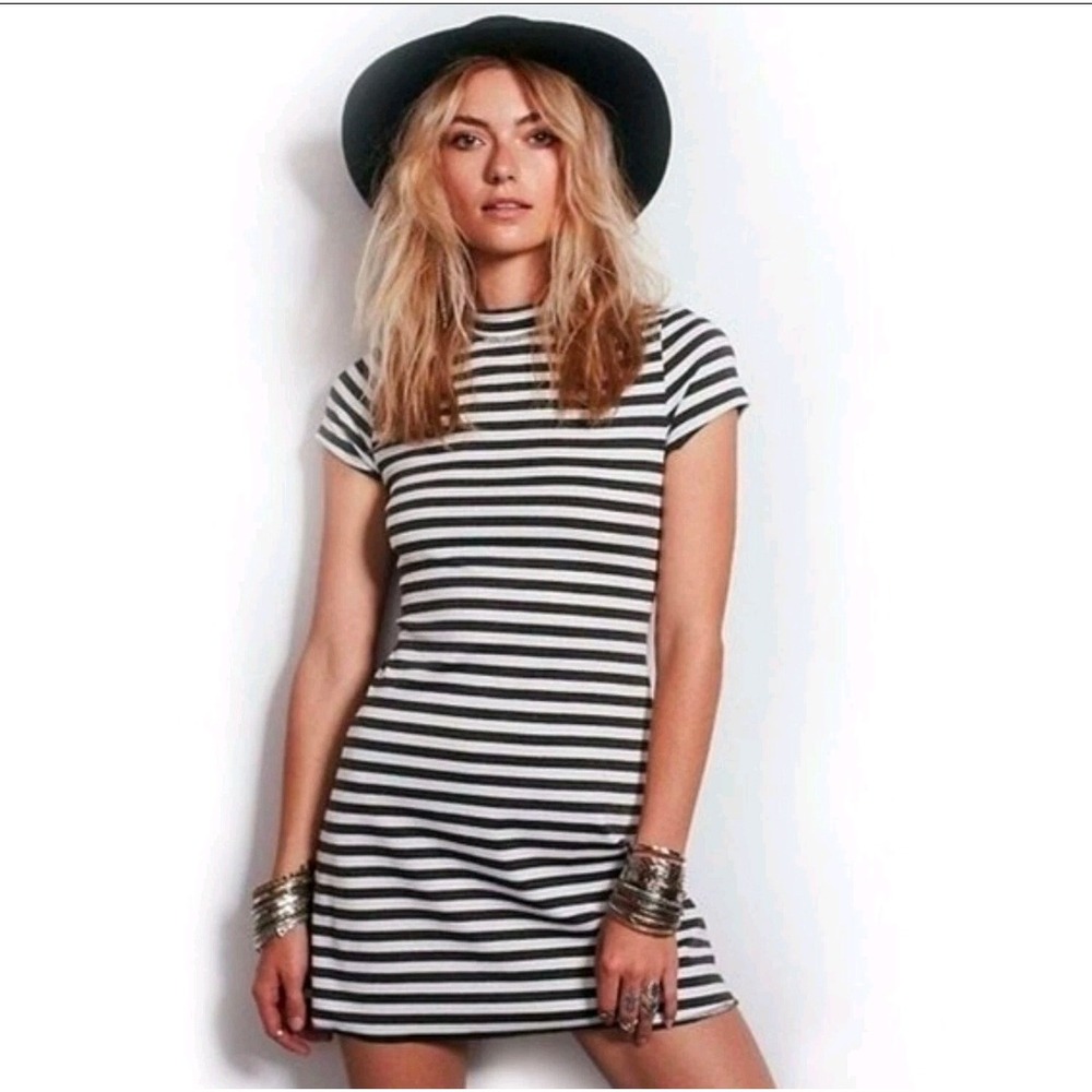 Free People Beach Mini Dress Women XS Grey White Striped Mock Neck Preppy Chic